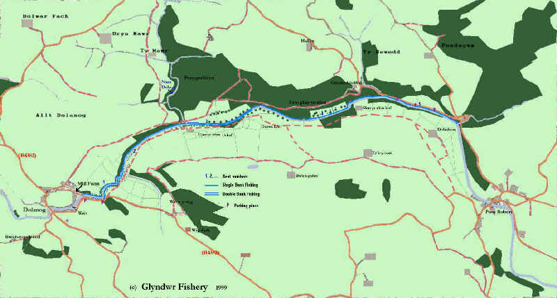detailed fishing map showing trout fishing beats and boundaries of fishery